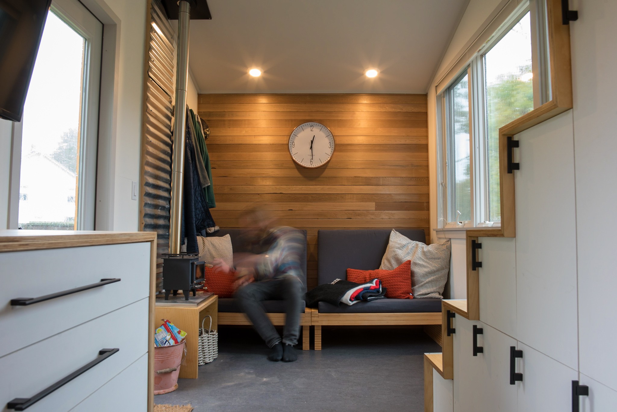 Living area with wood accent wall